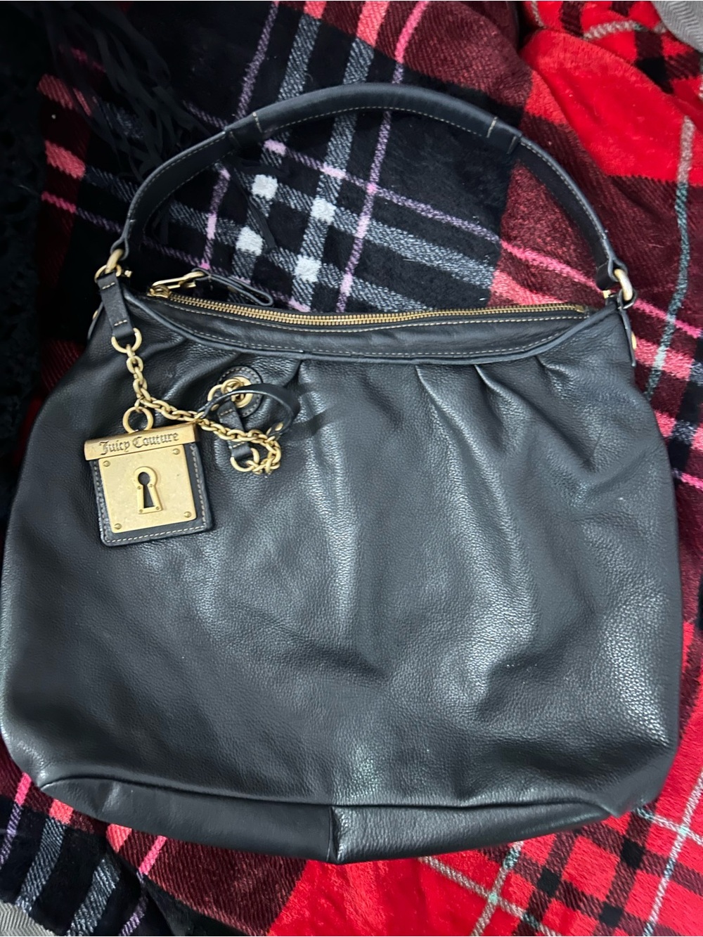 Juicy Couture Black Leather Shoulder Bag with Gold Hardware Charm - Picture 1 of 5